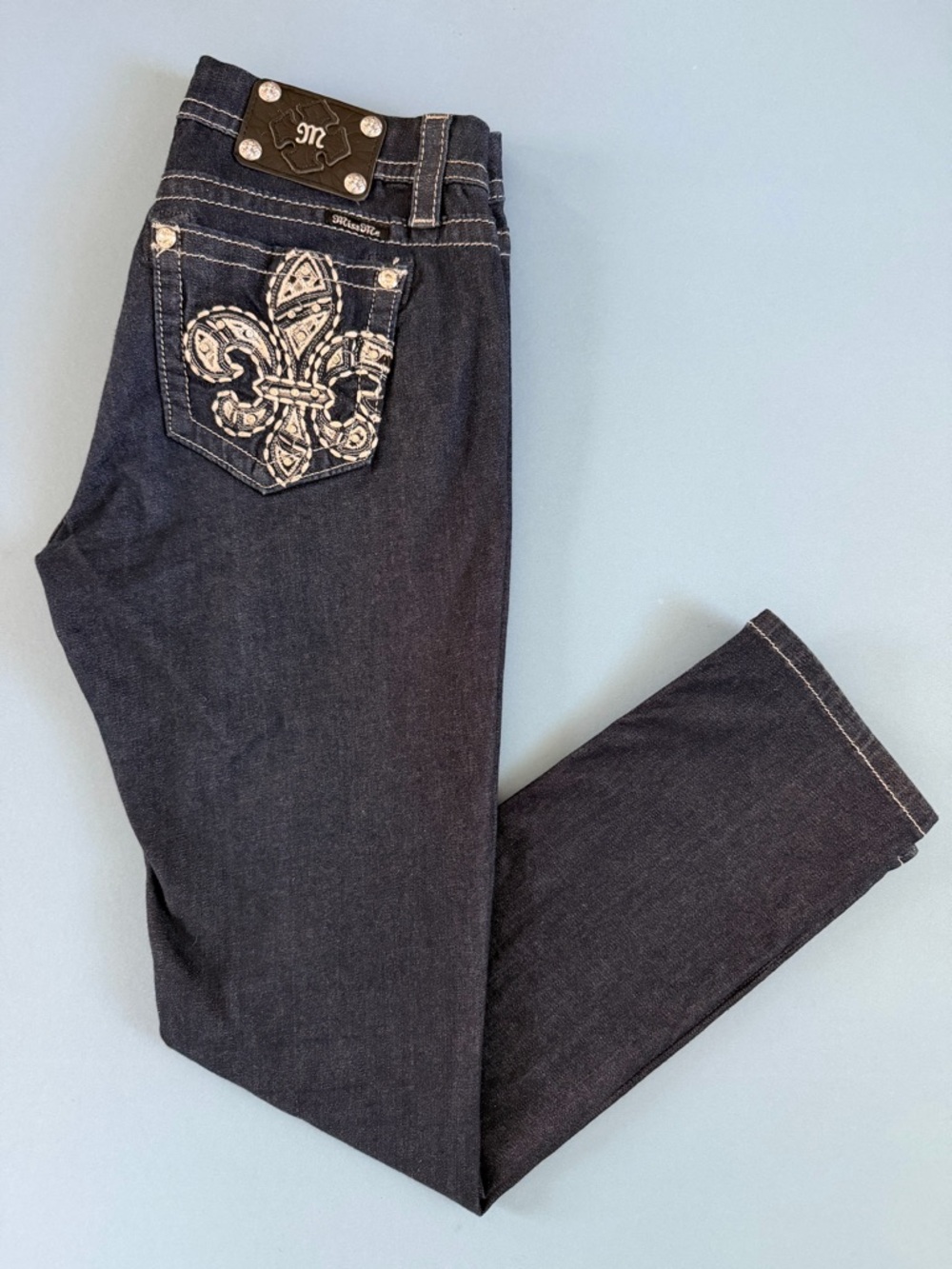 Miss Me Mid Rise Fleur De Lis Dark Wash Easy Skinny Denim Y2K Jeans